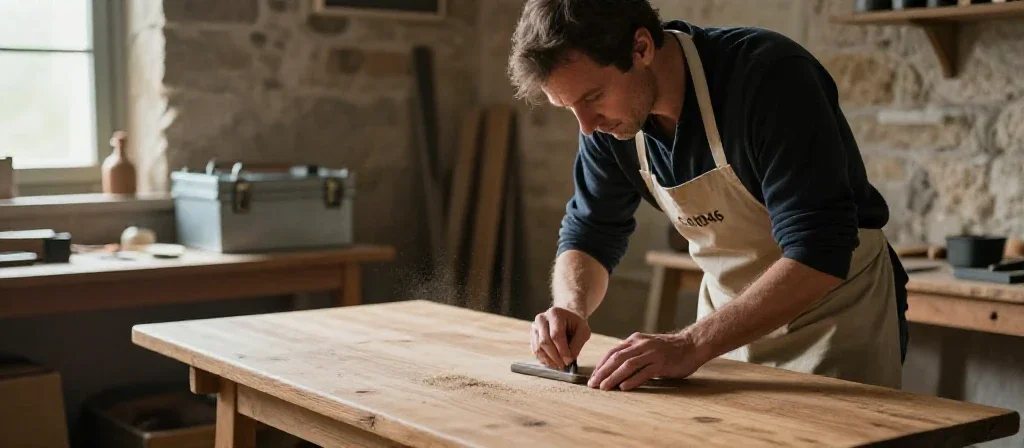 Un artisan français ponçant une table en bois dans son atelier de bricolage traditionnel.